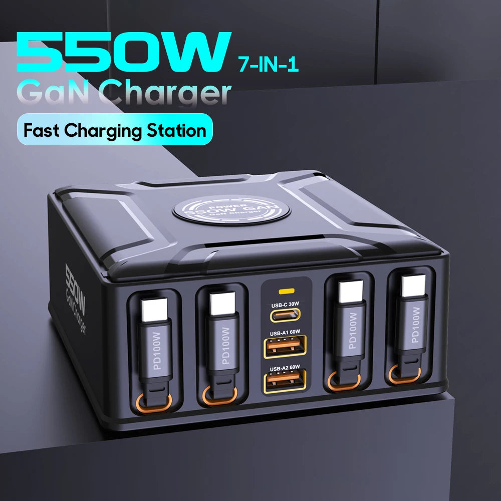 550W 7-in-1 Charging Station with 100W Retractable USB C Cable GaN Fast Charger for MacBook Pro iPhone 17 Samsung Laptop Tablet