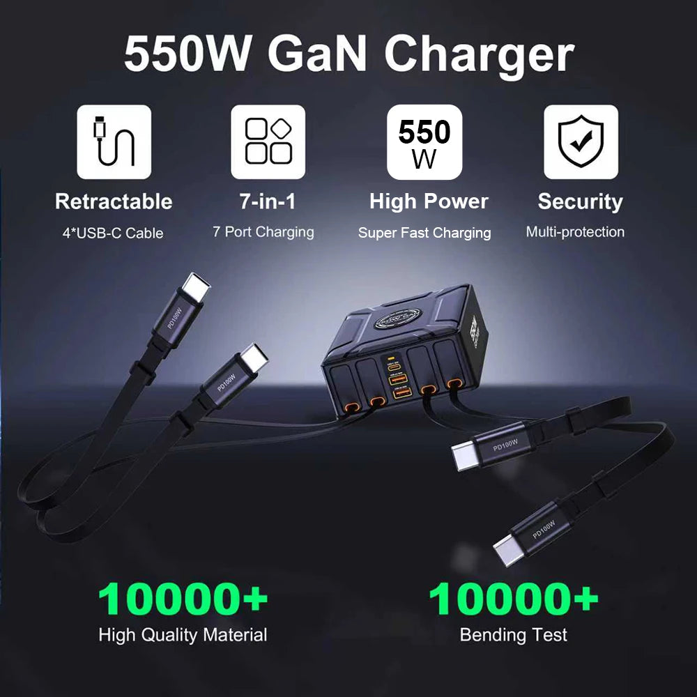 550W 7-in-1 Charging Station with 100W Retractable USB C Cable GaN Fast Charger for MacBook Pro iPhone 17 Samsung Laptop Tablet