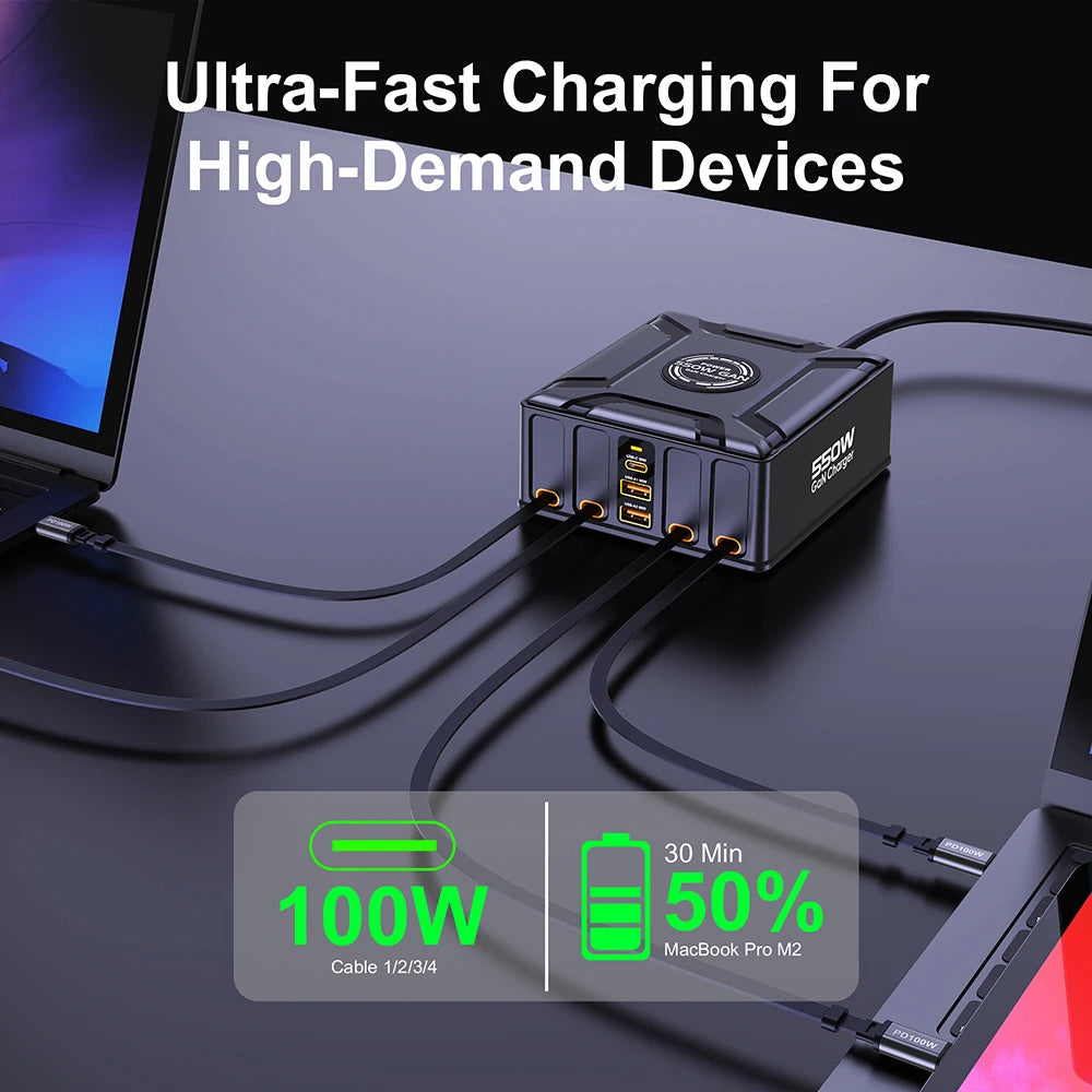 550W 7-in-1 Charging Station with 100W Retractable USB C Cable GaN Fast Charger for MacBook Pro iPhone 17 Samsung Laptop Tablet