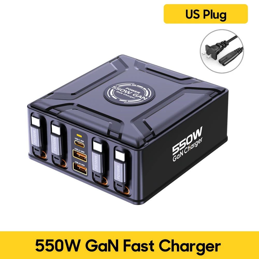 550W 7-in-1 Charging Station with 100W Retractable USB C Cable GaN Fast Charger for MacBook Pro iPhone 17 Samsung Laptop Tablet