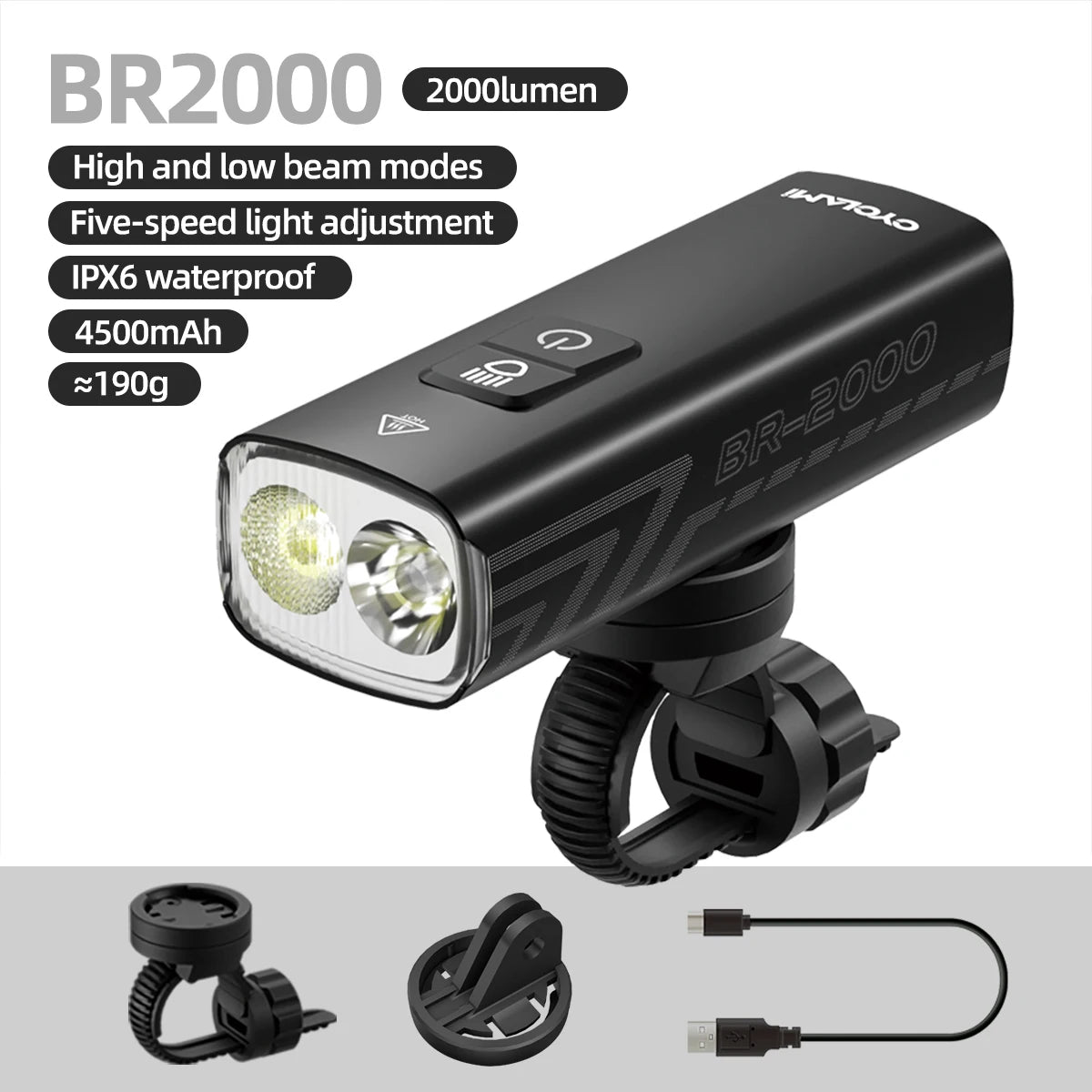 2000 Lumens CYCLAMI Bike Headlight Bicycle Flashlight Handlebar Type-C MTB Road Highlight BR2000 Front Lamp Light Aluminum Alloy